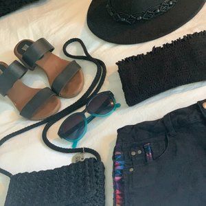 Black Stretch Denim Shorts With Stitch Accent